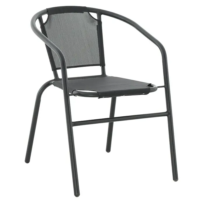 Sunfun Stapelstuhl - B x T x H: 52,5 x 62 x 72,5 cm, Stahl, Textilene, Schwarz - Eine Nahaufnahme eines grauen Armlehnstuhls mit einem Netzrücken und einer Stoffbespannung.