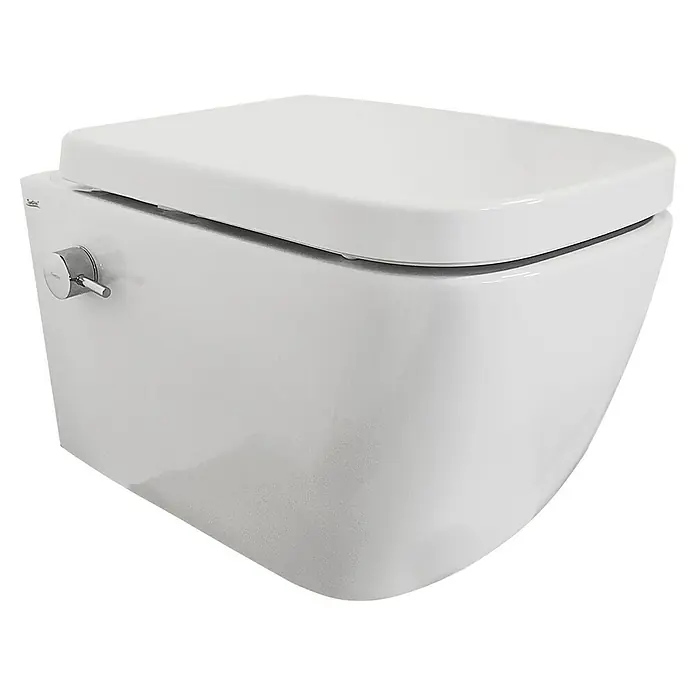 Temtasi Wand-Dusch-WC-Set Vea - Spülrandlos, Ohne Spezialglasur, Spülform: Tief, WC Abgang: Waagerecht, Weiß - Wandhängendes, weißes WC mit seitlichem Spülknopf für ein modernes Badezimmerdesign.