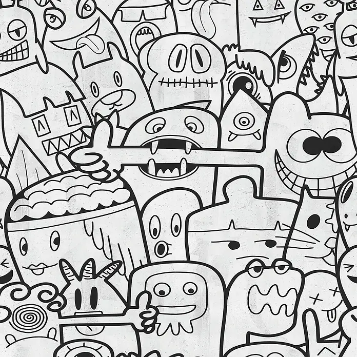 A.S. Création The Wall 3 Fototapete Comic - B x H: 159 x 280 cm, Vlies, Schwarz-Weiß - Ein schwarz-weißes Muster aus Cartoon-Monstern mit unterschiedlichen Ausdrücken und Formen füllt das gesamte Bild.