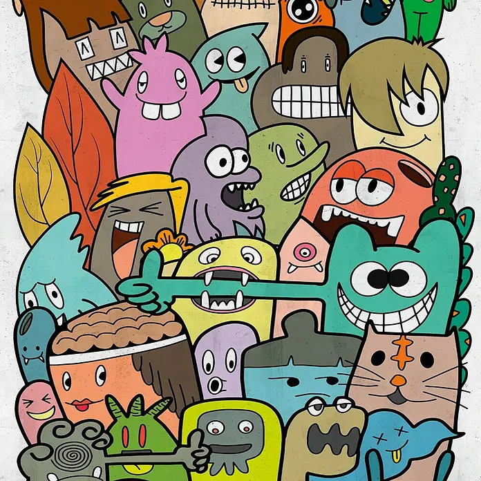 A.S. Création The Wall 3 Fototapete Comic - B x H: 159 x 280 cm, Vlies, Bunt - Buntes Doodle-Bild mit lustigen Monstern und Kreaturen, ideal für Kinderzimmer oder als verspieltes Wandbild.