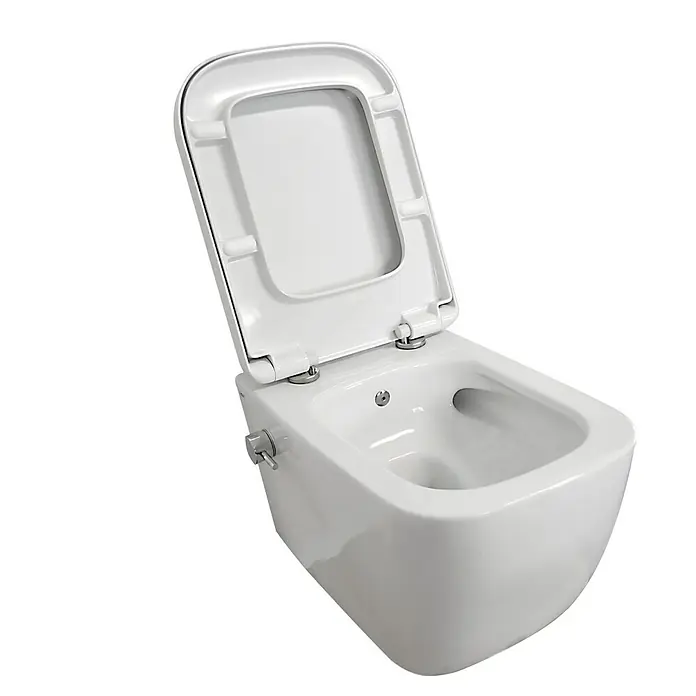 Temtasi Wand-Dusch-WC-Set Vea - Spülrandlos, Ohne Spezialglasur, Spülform: Tief, WC Abgang: Waagerecht, Weiß - Das Bild zeigt ein Bidet mit geöffnetem Deckel, präsentiert in einem minimalistischen Design und glänzender Oberfläche.
