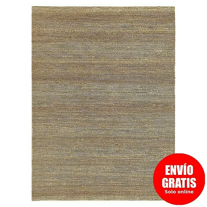 Alfombra de yute Málaga - Natural, 350 x 250 cm, 100% yute - Primer plano de una alfombra beige texturizada, ideal para decorar espacios de vida, con una etiqueta roja de "Envío gratis".