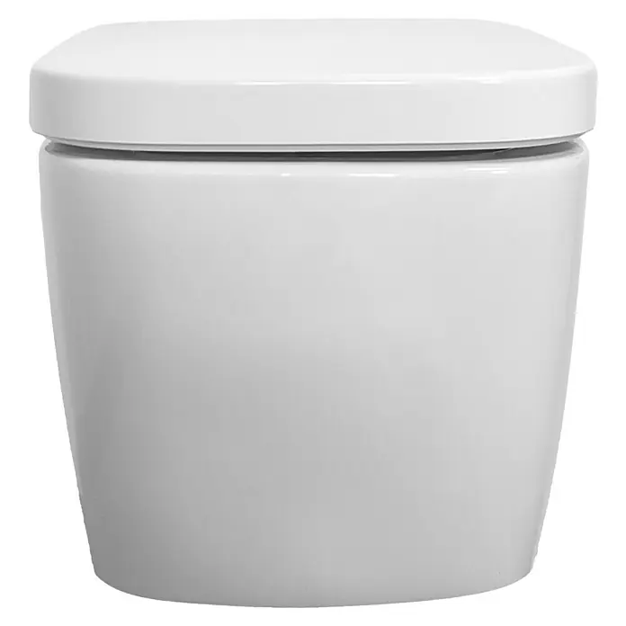 Temtasi Wand-Dusch-WC-Set Vea - Spülrandlos, Ohne Spezialglasur, Spülform: Tief, WC Abgang: Waagerecht, Weiß - Nahaufnahme einer weißen Toilettenschüssel mit abgerundetem Deckel, ideal für moderne Badezimmerdesigns.