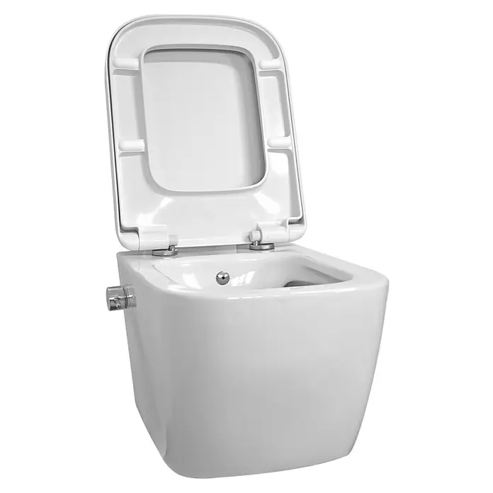 Temtasi Wand-Dusch-WC-Set Vea - Spülrandlos, Ohne Spezialglasur, Spülform: Tief, WC Abgang: Waagerecht, Weiß - Elegante Nahaufnahme einer weißen Wand-Toilette mit offenem Deckel, die modernes Design und Funktionalität vereint.