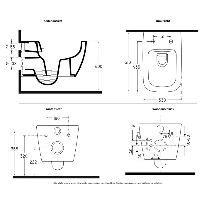 Temtasi Wand-Dusch-WC-Set Vea - Spülrandlos, Ohne Spezialglasur, Spülform: Tief, WC Abgang: Waagerecht, Weiß - Technische Zeichnung einer Wandtoilette mit Maßen und Ansichten.