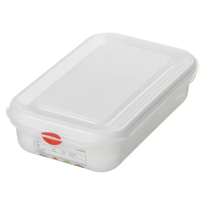 Sunware Vorratsdose Gastronorm - L x B x H: 325 x 265 x 65 mm, 4 l, Kunststoff, Transparent - Ein rechteckiger, transparenter Lebensmittelbehälter mit einem weißen Deckel zum Aufbewahren von Speisen.