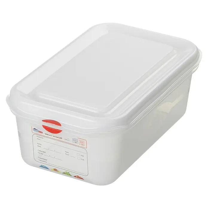 Sunware Vorratsdose Gastronorm - L x B x H: 265 x 162 x 100 mm, 2,8 l, Kunststoff, Transparent - Ein weißer, rechteckiger Lebensmittelbehälter mit einem Etikett zur Kennzeichnung von Produktinformationen.