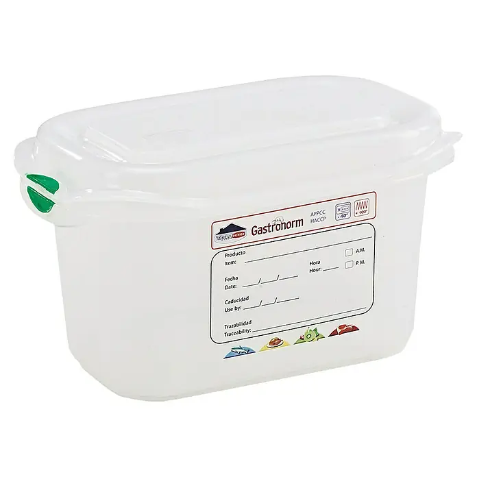 Sunware Vorratsdose Gastronorm - L x B x H: 176 x 108 x 100 mm, 1 l, Kunststoff, Transparent - Ein durchsichtiger Gastronorm-Behälter mit Etikett zur Produktkennzeichnung, ideal für die Gastronomie und Lebensmittelaufbewahrung.