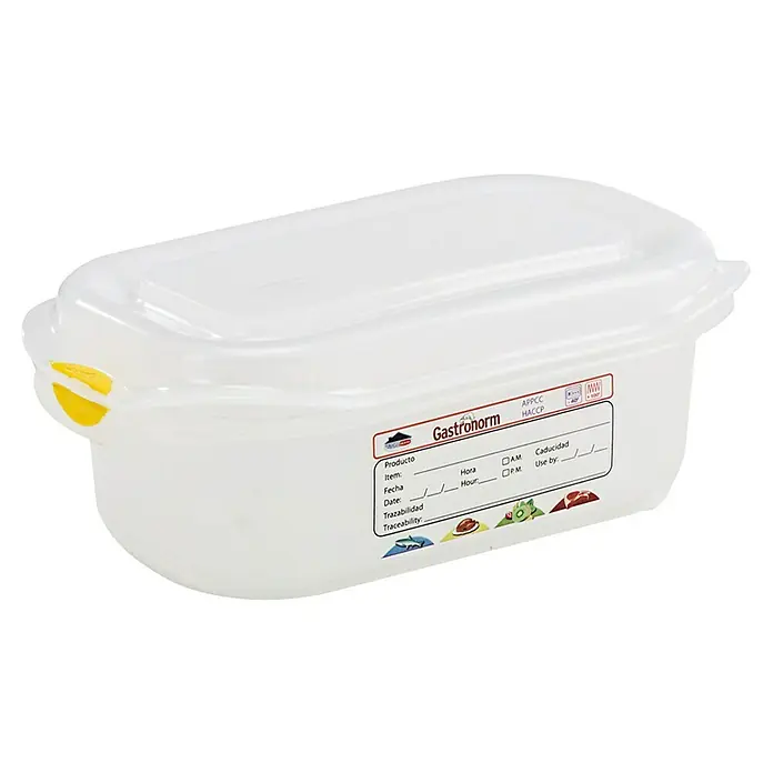 Sunware Vorratsdose Gastronorm - L x B x H: 176 x 108 x 65 mm, 0,6 l, Kunststoff, Transparent - Eine Gastronorm-Vorratsdose aus Kunststoff mit gelbem Verschluss und einem Etikett zur Kennzeichnung des Inhalts.
