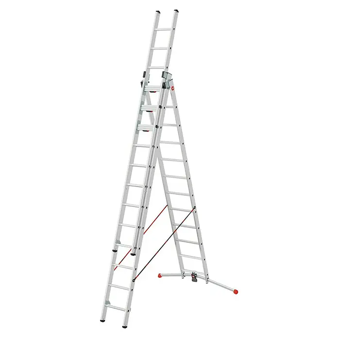 Hailo Mehrzweckleiter Master S120 - Anzahl Tritte: 36 Stk., Arbeitshöhe: 878 cm, Belastbarkeit: 150 kg, Aluminium - Eine detailreiche Aufnahme einer vielseitigen HAILO Treppe, die sowohl als Anlege- als auch als Stehleiter genutzt werden kann, perfekt für Heimwerker.