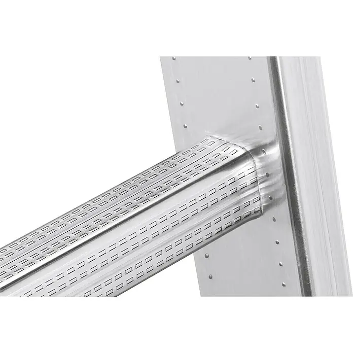 Hailo Anlegeleiter S60 ProfiStep uno 9 Sprossen - Anzahl Tritte: 9 Stk., Arbeitshöhe: 350 cm, Belastbarkeit: 150 kg, Aluminium - Nahaufnahme eines Aluminiumrahmens mit quadratischen Aussparungen und Nietverbindungen.