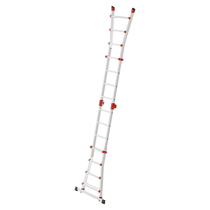 Hailo Mehrzweckleiter M80 4 x 4 - Anzahl Tritte: 16 Stk., Arbeitshöhe: 4,7 m, Belastbarkeit: 150 kg, Aluminium - Graue Mehrzweckleiter mit roten Akzenten, ideal für verschiedene Höhen und Aufgaben im Haus oder im Garten.