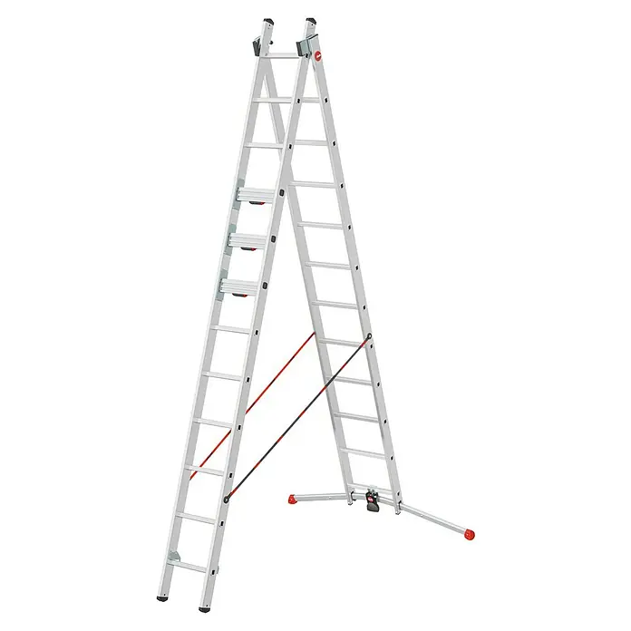 Hailo Mehrzweckleiter Master S110 - Anzahl Tritte: 24 Stk., Arbeitshöhe: 661 cm, Belastbarkeit: 150 kg, Aluminium - Eine vielseitige, weiße Stehleiter mit ausziehbaren Füßen für unebene Flächen, ideal für Handwerker und Heimwerker.