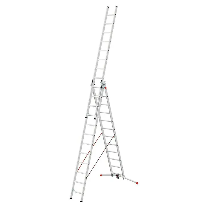 Hailo Mehrzweckleiter S100 ProfiLOT 3x12 - Anzahl Tritte: 36 Stk., Arbeitshöhe: 901 cm, Belastbarkeit: 150 kg, Aluminium - Das Bild zeigt eine vielseitige, weissfarbene Mehrzweckleiter, die sowohl als Anlege- als auch als Stehleiter verwendet werden kann.