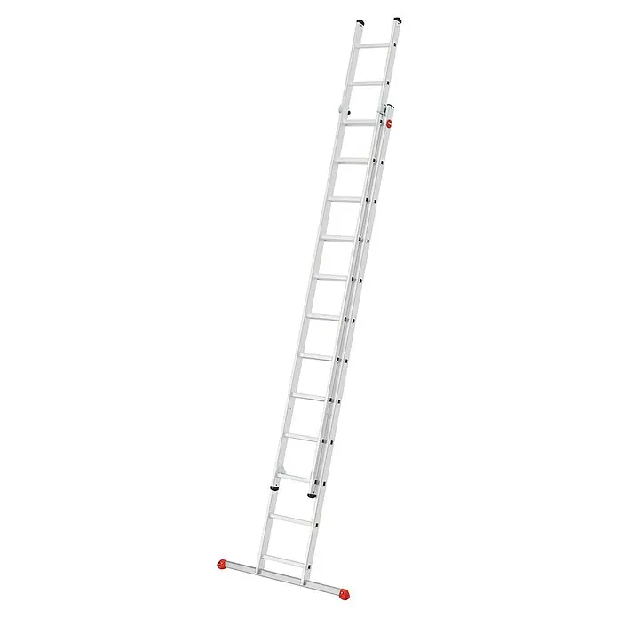 Hailo Schiebeleiter S80 ProfiStep duo 2x9 Sprossen - Anzahl Tritte: 18 Stk., Arbeitshöhe: 514 cm, Belastbarkeit: 150 kg, Aluminium - Ein weißes, freistehendes Leitersystem mit roten Sicherheitsfüßen und minimalistischem Design, ideal für moderne Arbeitsumgebungen.