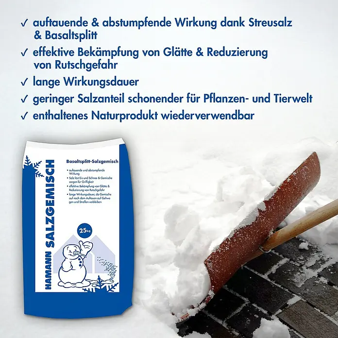 Hamann Mercatus Basaltsplitt Salzgemisch - 25 kg - Produktbild von "Hamann Salzgemisch" Basaltsplitt-Salzgemisch, 25kg Sack, mit Hinweisen zu Wirkung und Anwendungsbereichen.