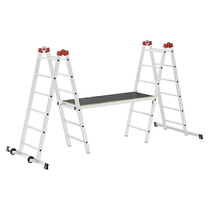 Hailo Leitergerüst G60 - Arbeitshöhe: 433 mm, Breite Plattform: 136 cm, Länge Plattform: 50 cm - Eine Mehrzweckleiter mit einer Plattform zwischen zwei Leitern, ideal für sicheres Arbeiten in der Höhe.