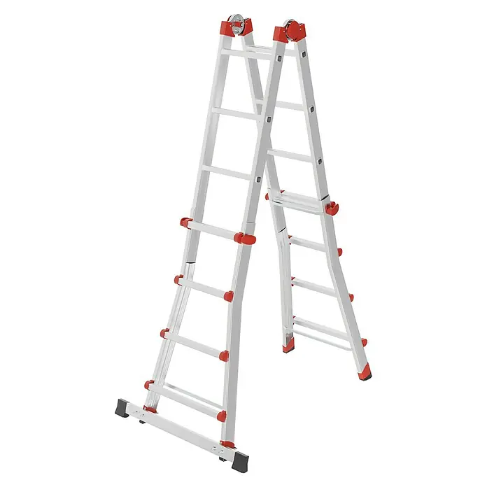 Hailo Mehrzweckleiter M80 4 x 4 - Anzahl Tritte: 16 Stk., Arbeitshöhe: 4,7 m, Belastbarkeit: 150 kg, Aluminium - Bild einer robusten, ausziehbaren Leiter mit roten Akzenten. Diese vielseitige Leiter ist ideal für verschiedene Höhenarbeiten.