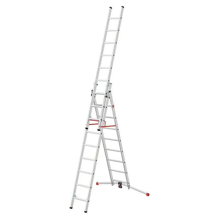 Hailo Mehrzweckleiter S100 ProfiLOT 2x9 + 1x8 - Anzahl Tritte: 26 Stk., Arbeitshöhe: 658 cm, Belastbarkeit: 150 kg, Aluminium - Eine graue, zusammenklappbare Mehrzweckleiter, die auf einem schwarzen Hintergrund steht und Stufen sowie rote Akzente aufweist.