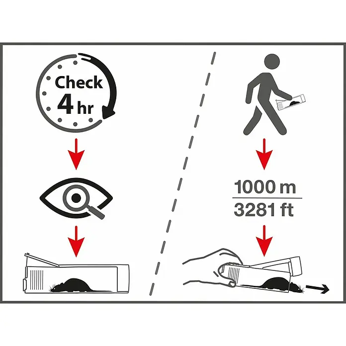 Swissinno SuperCat Ratonera - Trampa para atrapar animales vivos, Plástico - Guía de uso de la ratonera: Revise cada 4 horas, lleve a 1000 m de distancia y vacíe.
