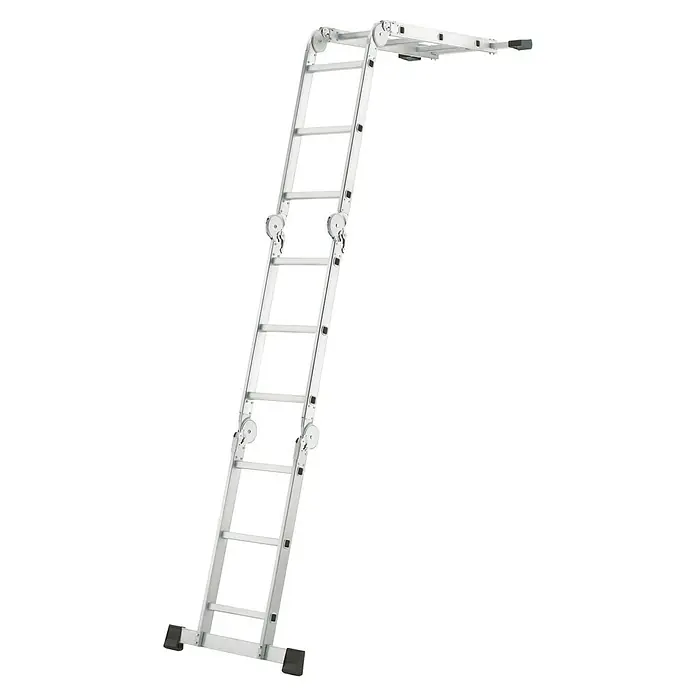 Hailo Mehrzweckleiter M60 4X3 - Anzahl Tritte: 12 Stk., Arbeitshöhe: 4,35 m, Belastbarkeit: 150 kg, Aluminium - Bild einer silberfarbenen Gelenk-Teleskopleiter aus Aluminium. Vielseitig einsetzbar, sowohl als Steh- als auch als Anlegeleiter.