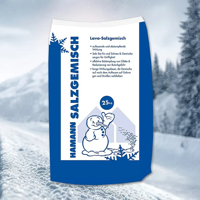 Hamann Mercatus Auftau- & Streusalz - Lavagemisch - 25 kg - Ein Sack Hamann Lava-Salzgemisch. Das Lava-Salzgemisch enteist zuverlässig und sorgt für Griffigkeit bei winterlichen Bedingungen und reduziert Rutschgefahr.
