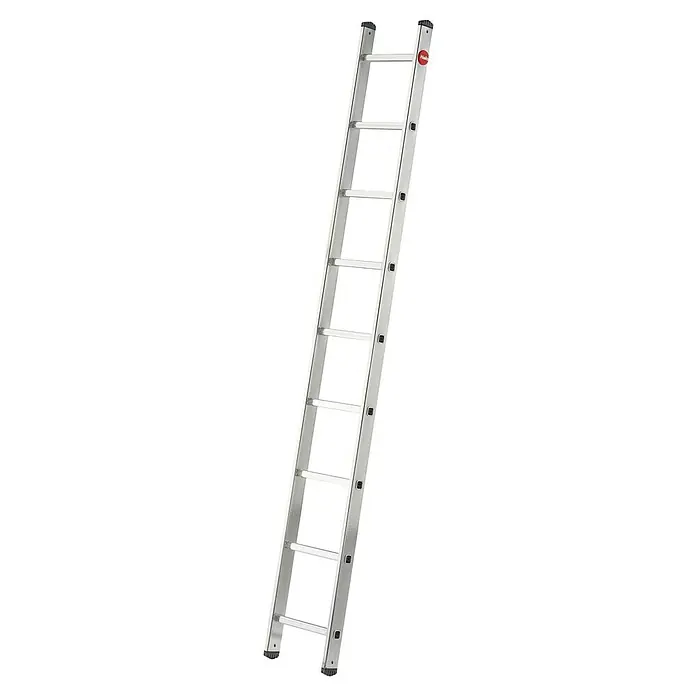 Hailo Anlegeleiter S60 ProfiStep uno 9 Sprossen - Anzahl Tritte: 9 Stk., Arbeitshöhe: 350 cm, Belastbarkeit: 150 kg, Aluminium - Bild einer silbernen Sprossenleiter. Die Leiter ist hell und steht im Kontrast zum schwarzen Hintergrund. Ideal für den Heimwerker.