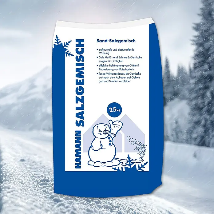 Hamann Mercatus Auftau- & Streusalz - Sandgemisch - 25 kg - Abbildung eines Sackes Hamann Salzgemisch, einem Auftausalz mit abstumpfender Wirkung zur effektiven Glättebekämpfung.