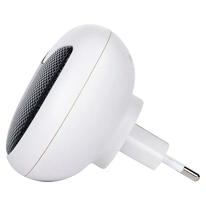 Swissinno Repelente de roedores por ultrasonidos Mini - Rendimiento térmico: 15 m² - Primer plano de un calefactor enchufable blanco y compacto con una rejilla negra. El aparato incluye un enchufe integrado.