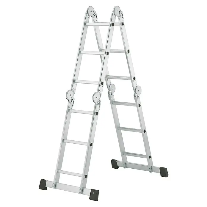 Hailo Mehrzweckleiter M60 4X3 - Anzahl Tritte: 12 Stk., Arbeitshöhe: 4,35 m, Belastbarkeit: 150 kg, Aluminium - Eine vielseitige, weiße Mehrzweckleiter mit robusten Sprossen für sicheren Halt, ideal für verschiedene Höhenarbeiten im Innen- und Außenbereich.