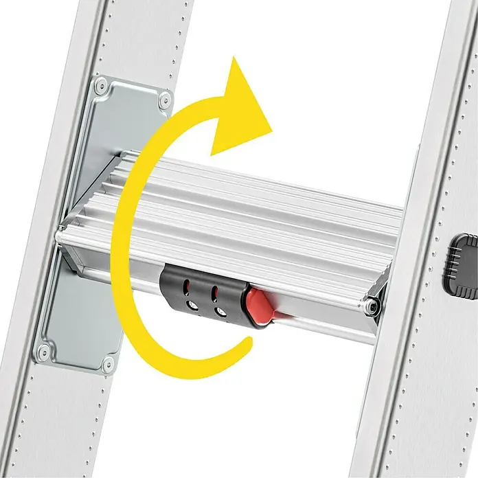 Hailo Mehrzweckleiter Master S110 - Anzahl Tritte: 24 Stk., Arbeitshöhe: 661 cm, Belastbarkeit: 150 kg, Aluminium - Nahaufnahme einer Aluminiumleiter mit einem gelben Pfeil, der die Drehbewegung eines Trittes darstellt. Der Tritt ist mit einem roten Knopf versehen.