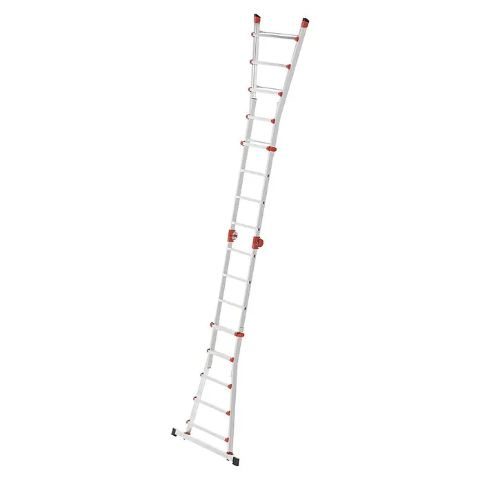 Hailo Mehrzweckleiter M80 4 x 5 - Anzahl Tritte: 20 Stk., Arbeitshöhe: 5,7 m, Belastbarkeit: 150 kg, Aluminium - Aluleiter mit roter Ausstattung. Diese Mehrzweckleiter ist ideal für eine Vielzahl von Aufgaben im Innen- und Außenbereich.