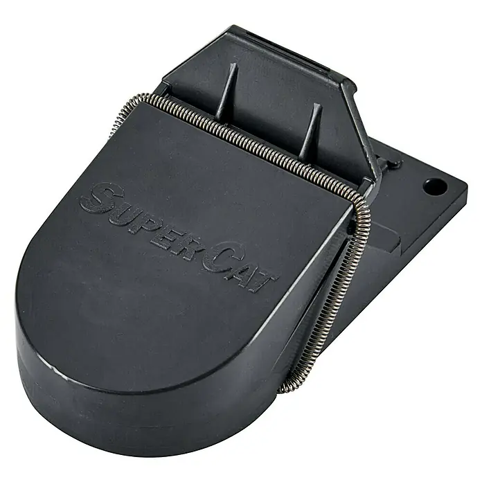 Swissinno Trampa para ratas Supercat 2 pequeña - Trampa de resorte, Plástico - Esta imagen muestra una trampa para ratones "Super Cat" de plástico negro con un resorte metálico.