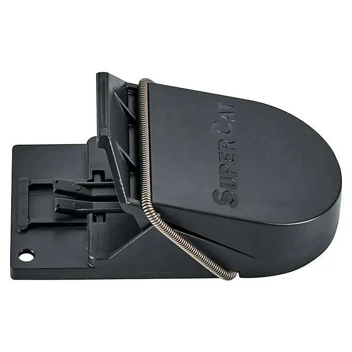 Swissinno Trampa para ratas Supercat 2 pequeña - Trampa de resorte, Plástico - Primer plano de una trampa para ratas Super Cat negra, que muestra su diseño robusto y resorte fuerte para un control de plagas eficaz.