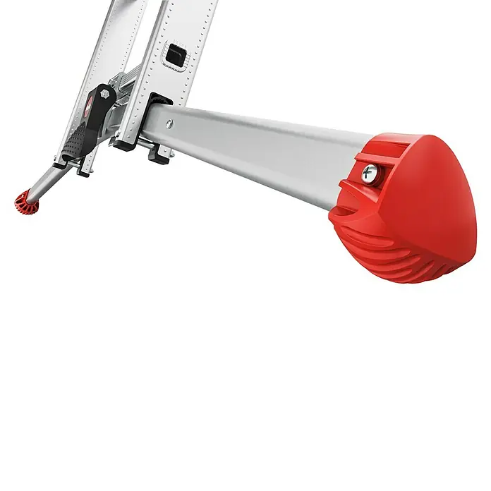 Hailo Mehrzweckleiter Master S120 - Anzahl Tritte: 36 Stk., Arbeitshöhe: 878 cm, Belastbarkeit: 150 kg, Aluminium - Detailaufnahme eines Aluminiumleiterfußes mit roter Gummikappe, der Stabilität und Sicherheit bietet.