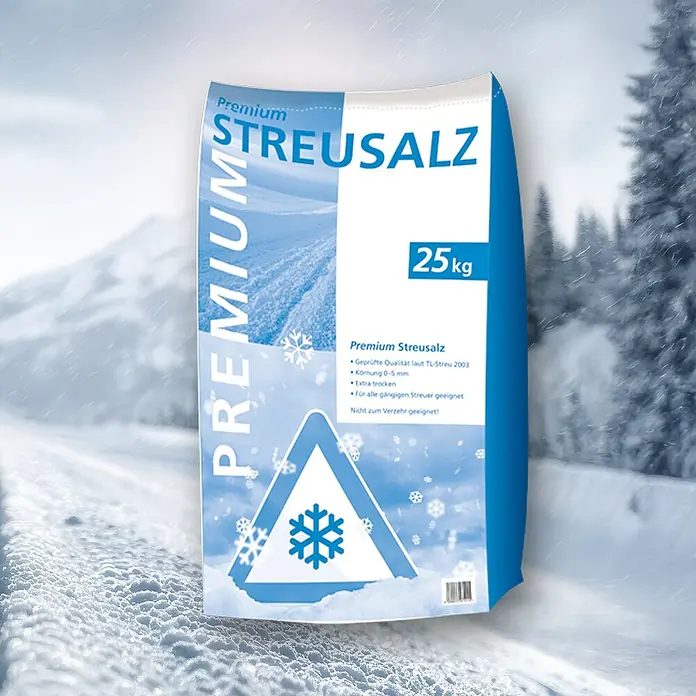 Hamann Mercatus Auftau- & Streusalz Premium - 25 kg, Naturmaterialien - Abbildung eines 25kg-Sacks Premium-Streusalz mit Schneeflocken-Symbol und Hinweisen zur Verwendung auf vereisten Oberflächen.