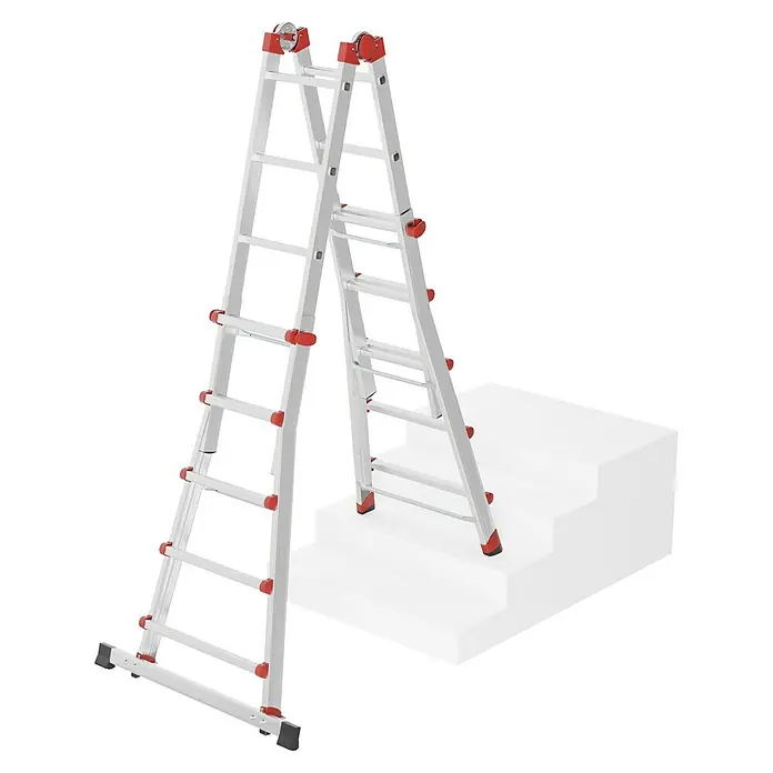 Hailo Mehrzweckleiter M80 4 x 5 - Anzahl Tritte: 20 Stk., Arbeitshöhe: 5,7 m, Belastbarkeit: 150 kg, Aluminium - Bild einer silberfarbenen Mehrzweckleiter mit roten Akzenten, die auf einem weißen, treppenartigen Sockel steht.
