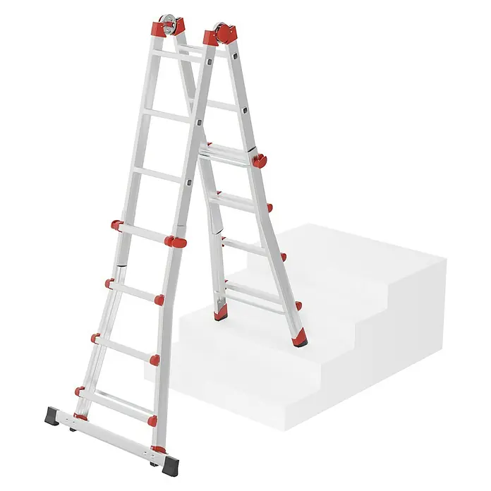 Hailo Mehrzweckleiter M80 4 x 4 - Anzahl Tritte: 16 Stk., Arbeitshöhe: 4,7 m, Belastbarkeit: 150 kg, Aluminium - Eine vielseitige Mehrzweckleiter aus Aluminium mit roten Akzenten, ideal für verschiedene Aufgaben im Haus und im Garten.