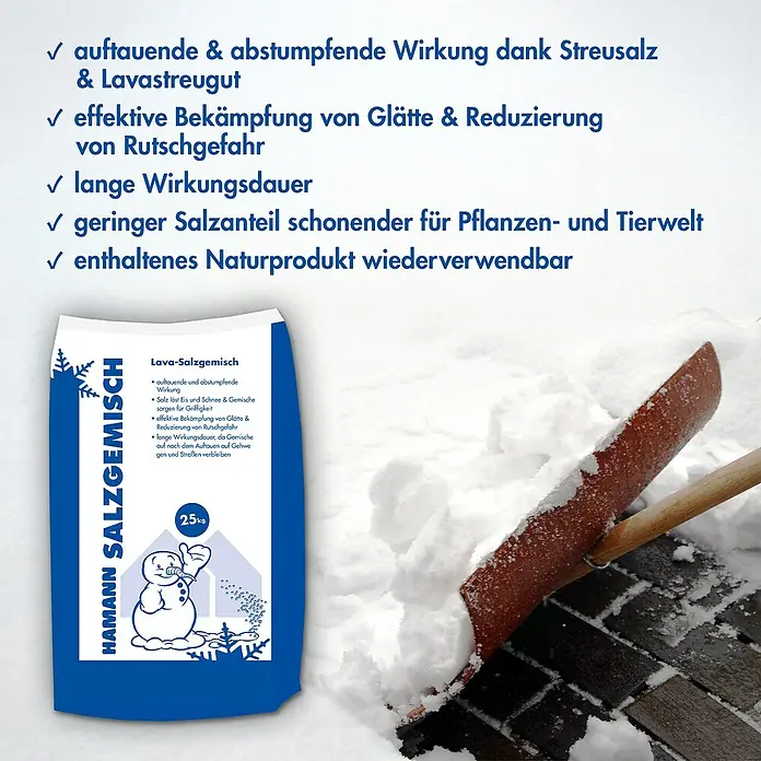 Hamann Mercatus Auftau- & Streusalz - Lavagemisch - 25 kg - Produktbild von Hamann Lava-Salzgemisch. Auftauende und abstumpfende Wirkung dank Streusalz. Effektive Bekämpfung von Glätte.
