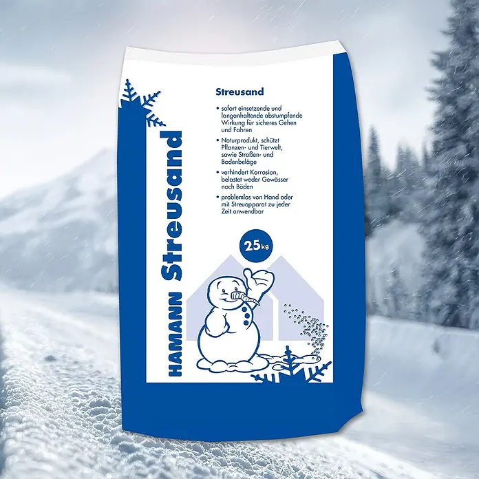 Hamann Mercatus Streusand - 25 kg, Salzfrei - Abbildung einer Streusand-Verpackung von Hamann, ideal für sicheres Gehen und Fahren im Winter, schützt Pflanzen und Böden.