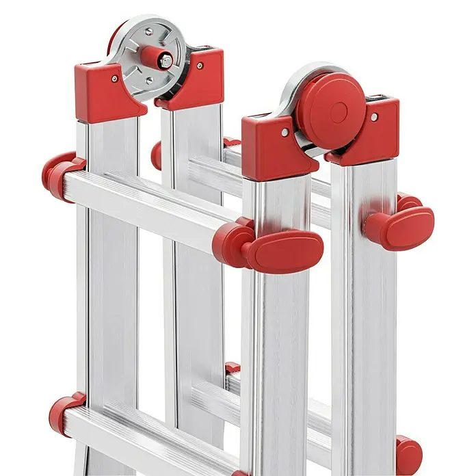 Hailo Mehrzweckleiter M80 4 x 3 - Anzahl Tritte: 12 Stk., Arbeitshöhe: 3,71 m, Belastbarkeit: 150 kg, Aluminium - Detailaufnahme einer Mehrzweckleiter mit roten Bedienelementen und silbernen Sprossen. Die Leiter ist robust und vielseitig einsetzbar.