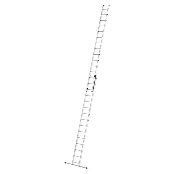 Hailo Schiebeleiter S80 ProfiStep duo 2x15 Sprossen - Anzahl Tritte: 30 Stk., Arbeitshöhe: 839 cm, Belastbarkeit: 150 kg, Aluminium - Eine ausziehbare, weiße Vielzweckleiter mit roten Füßen, die für verschiedene Aufgaben verwendet werden kann.