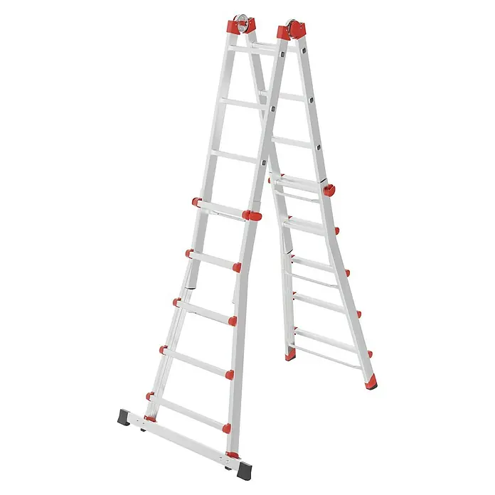 Hailo Mehrzweckleiter M80 4 x 5 - Anzahl Tritte: 20 Stk., Arbeitshöhe: 5,7 m, Belastbarkeit: 150 kg, Aluminium - Weiße Mehrzweckleiter mit roten Akzenten, ideal für vielseitige Aufgaben im Innen- und Außenbereich.