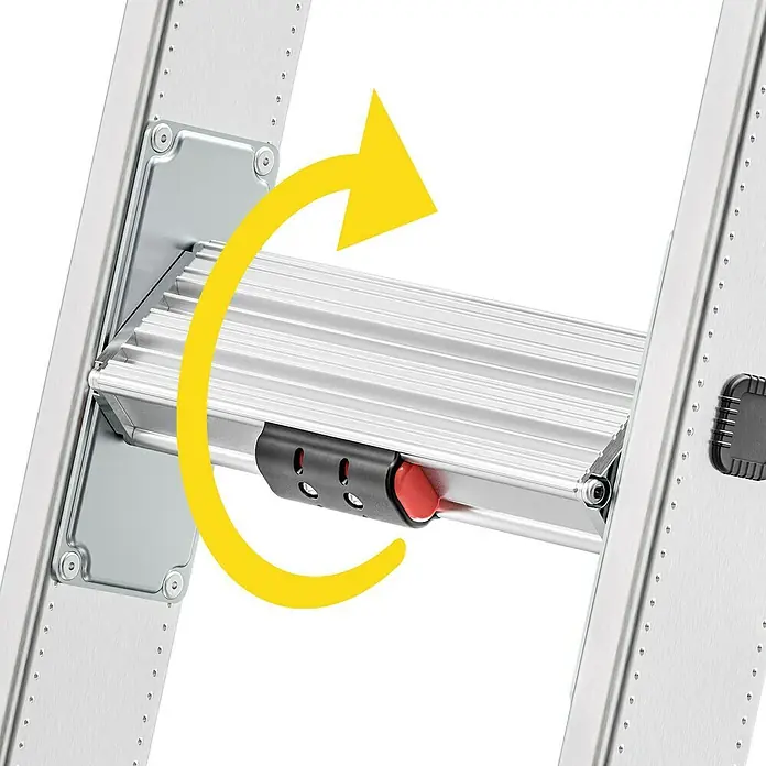 Hailo Mehrzweckleiter Master S120 - Anzahl Tritte: 36 Stk., Arbeitshöhe: 878 cm, Belastbarkeit: 150 kg, Aluminium - Nahaufnahme einer Leiterstufe mit einem gelben Pfeil, der die Drehbewegung andeutet. Die Stufe ist aus Aluminium gefertigt.
