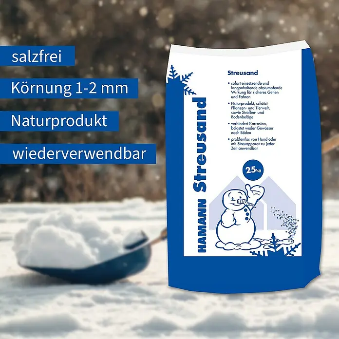 Hamann Mercatus Streusand - 25 kg, Salzfrei - Darstellung von HAMANN Streusand, einem umweltfreundlichen, salzfreien Streusand mit einer Körnung von 1-2 mm.