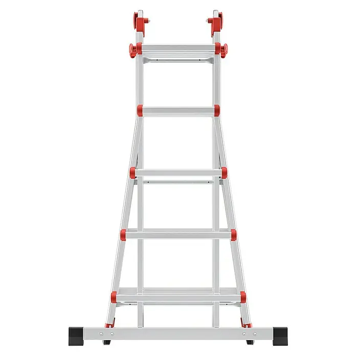 Hailo Mehrzweckleiter M80 4 x 5 - Anzahl Tritte: 20 Stk., Arbeitshöhe: 5,7 m, Belastbarkeit: 150 kg, Aluminium - Bild einer freistehenden Leiter mit roten Akzenten. Sie ist robust und vielseitig einsetzbar, ideal für verschiedenste Aufgaben.