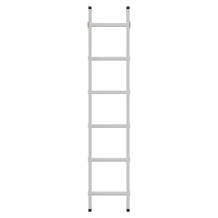 Hailo Anlegeleiter S60 ProfiStep uno 6 Sprossen - Anzahl Tritte: 6 Stk., Arbeitshöhe: 270 cm, Belastbarkeit: 150 kg, Aluminium - Nahaufnahme einer silbernen Aluminiumleiter mit mehreren Sprossen und schwarzen Sicherheitsmerkmalen.