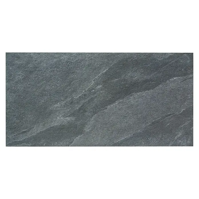 Diephaus Terrassenplatte Columbia - 80 x 40 x 4 cm, Core Basalt, Beton - Nahaufnahme einer dunklen Schieferplatte mit sichtbarer Textur und Maserung, ideal für den Innen- und Außenbereich.