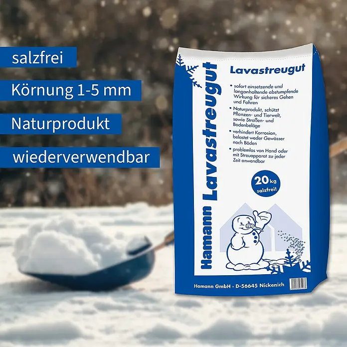 Hamann Mercatus Lavastreu - 20 kg, Salzfrei - Produktbild von "Hamann Lavastreugut", einem salzfreien Streugut mit einer Körnung von 1-5 mm, das als Naturprodukt wiederverwendbar ist.