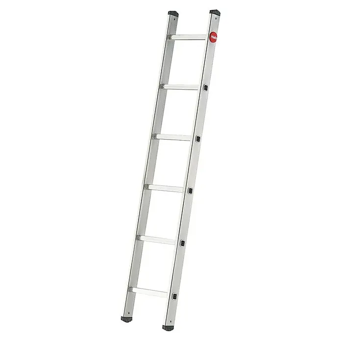 Hailo Anlegeleiter S60 ProfiStep uno 6 Sprossen - Anzahl Tritte: 6 Stk., Arbeitshöhe: 270 cm, Belastbarkeit: 150 kg, Aluminium - Bild einer silbernen Hailo-Leiter mit mehreren Sprossen vor einem schwarzen Hintergrund. Die Leiter scheint neu und unbenutzt zu sein.